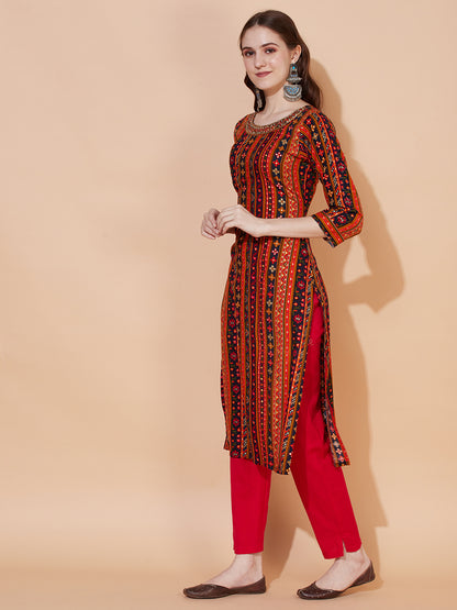 Ethnic Printed & Hand Embroidered Straight Fit Kurta – Multi