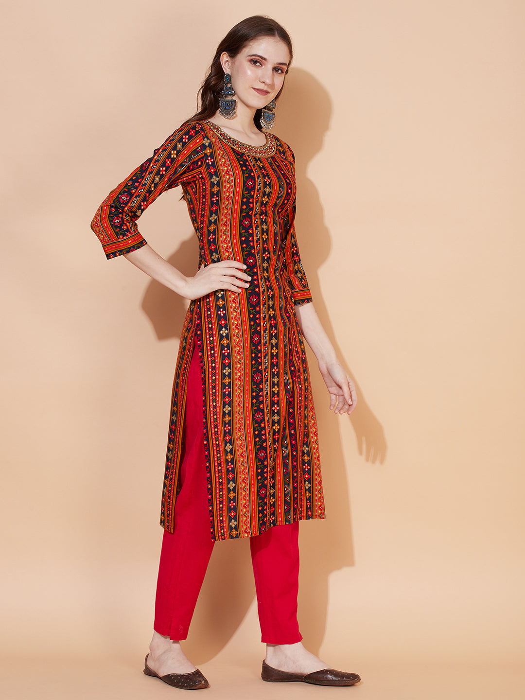 Ethnic Printed & Hand Embroidered Straight Fit Kurta – Multi