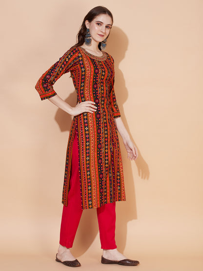 Ethnic Printed & Hand Embroidered Straight Fit Kurta – Multi