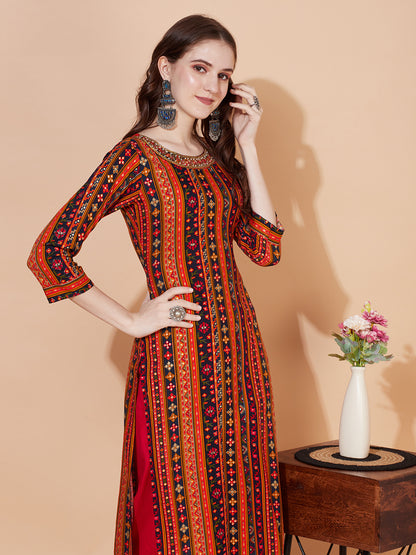Ethnic Printed & Hand Embroidered Straight Fit Kurta – Multi