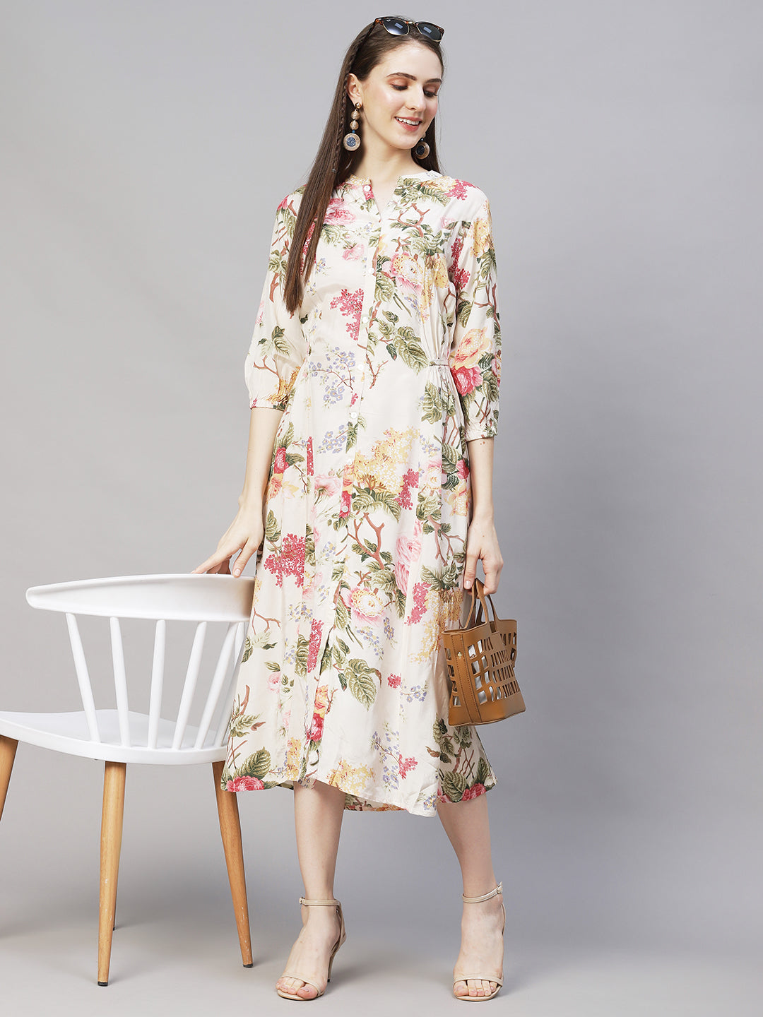 Floral Printed & Embroidered A-Line Midi Dress - Off White