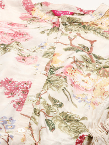 Floral Printed & Embroidered A-Line Midi Dress - Off White