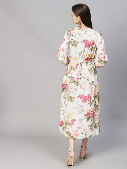 Floral Printed & Embroidered A-Line Midi Dress - Off White