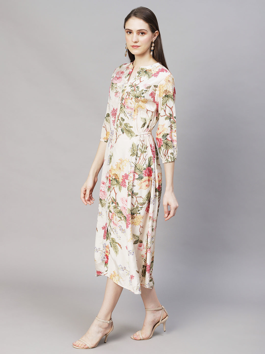 Floral Printed & Embroidered A-Line Midi Dress - Off White