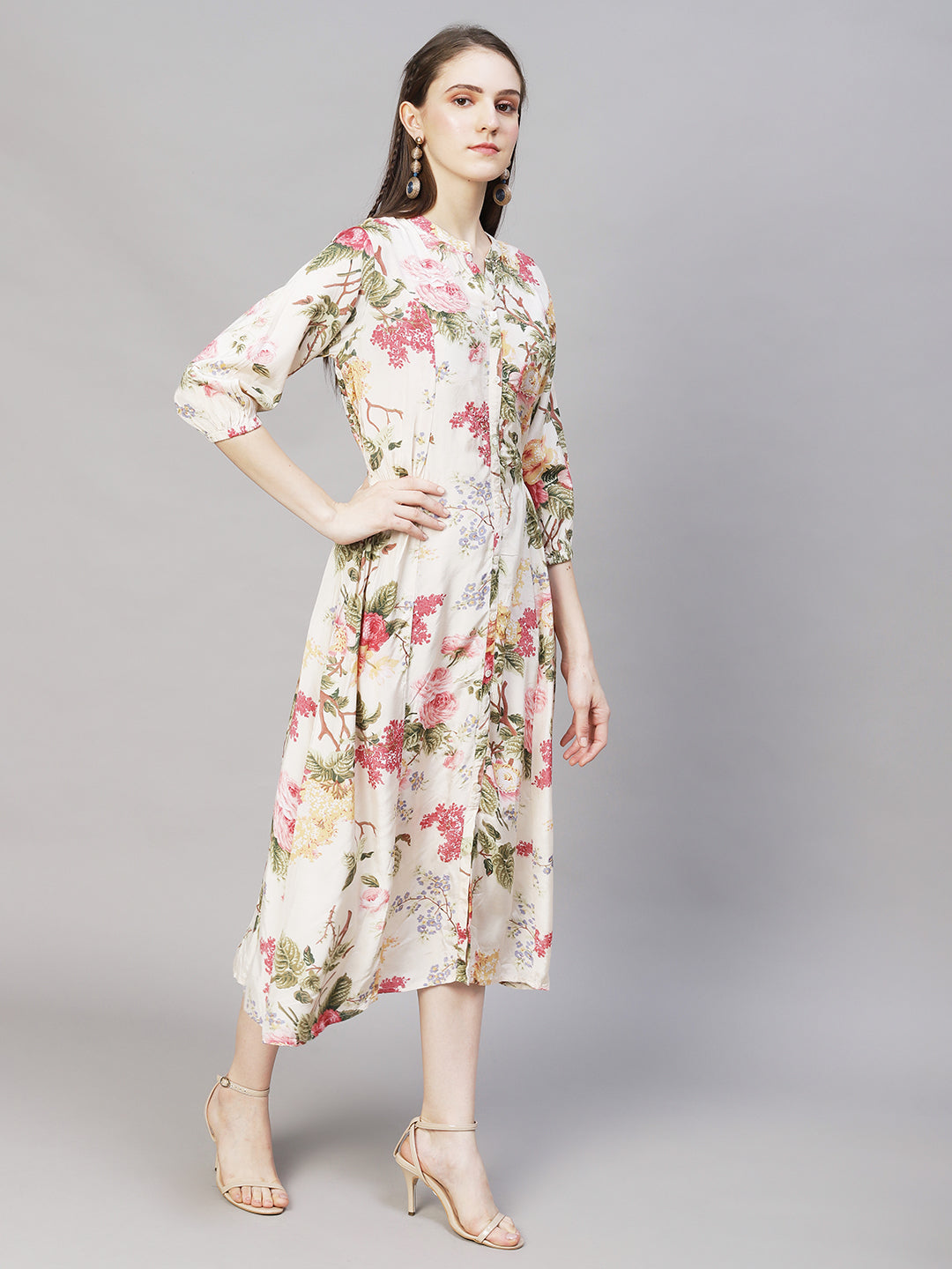 Floral Printed & Embroidered A-Line Midi Dress - Off White