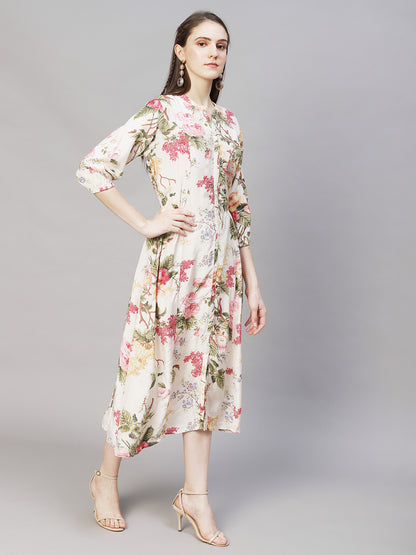 Floral Printed & Embroidered A-Line Midi Dress - Off White