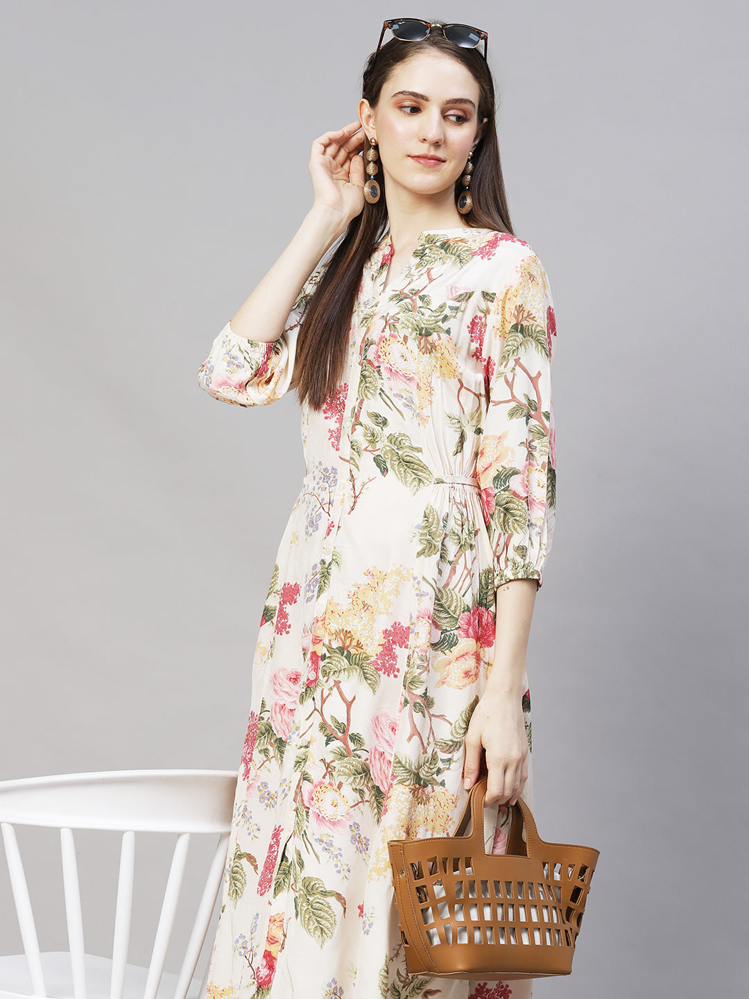 Floral Printed & Embroidered A-Line Midi Dress - Off White