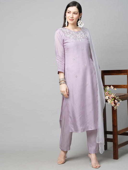 Floral Hand Embroidered Straight Kurta with Pants & Dupatta - Light Purple