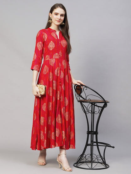 Ethnic Printed A- Line Flared Maxi Dress - Multi