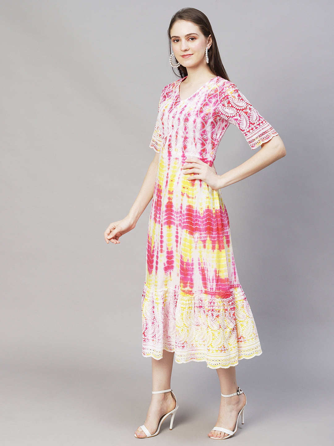 Tie-Dyed & Chikankari Embroidered A-Line Midi Dress - Multi