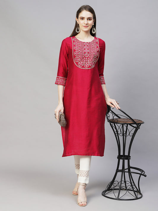 Ethnic Woven & Zari Embroidered Straight Fit Kurta – Magenta Pink