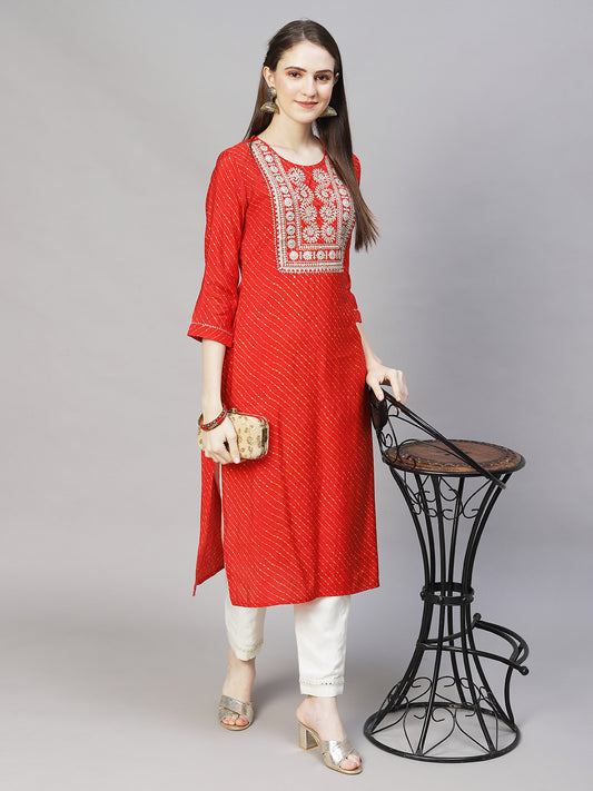 Leheriya Printed & Embroidered Straight Fit Kurta – Red