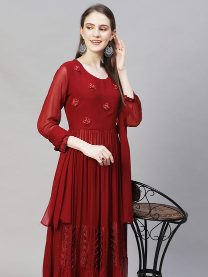 Floral Hand Embroidered A-Line Kurta with Palazzo & Dupatta - Maroon