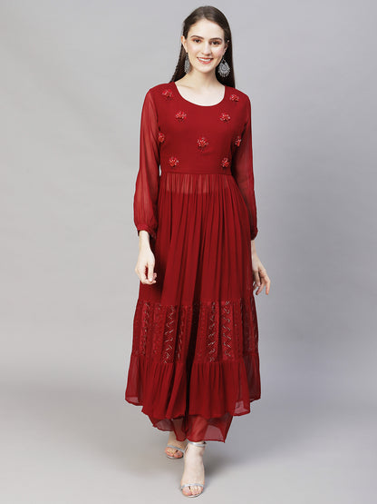 Floral Hand Embroidered A-Line Kurta with Palazzo & Dupatta - Maroon
