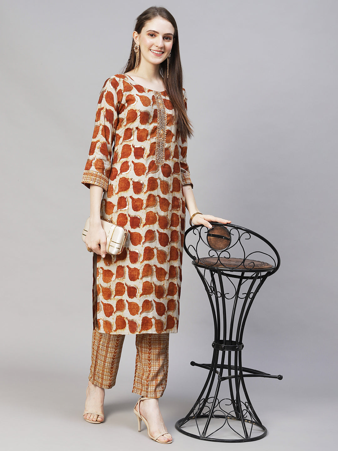 Ethnic Printed & Hand Embroidered Straight Fit Kurta with Pants - Brown