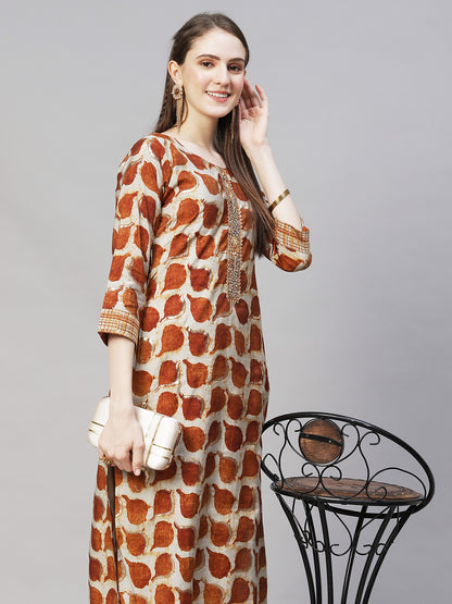 Ethnic Printed & Hand Embroidered Straight Fit Kurta with Pants - Brown