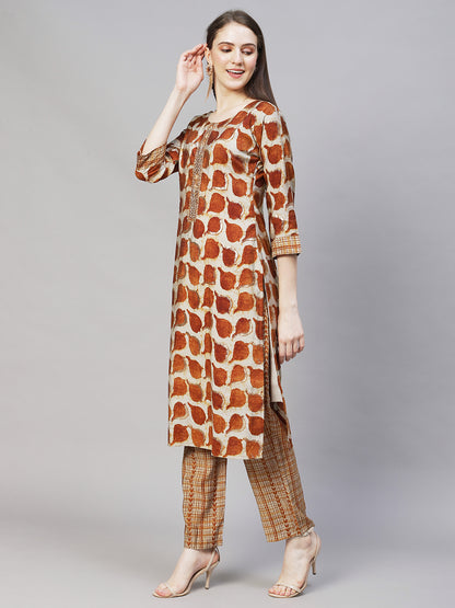 Ethnic Printed & Hand Embroidered Straight Fit Kurta with Pants - Brown