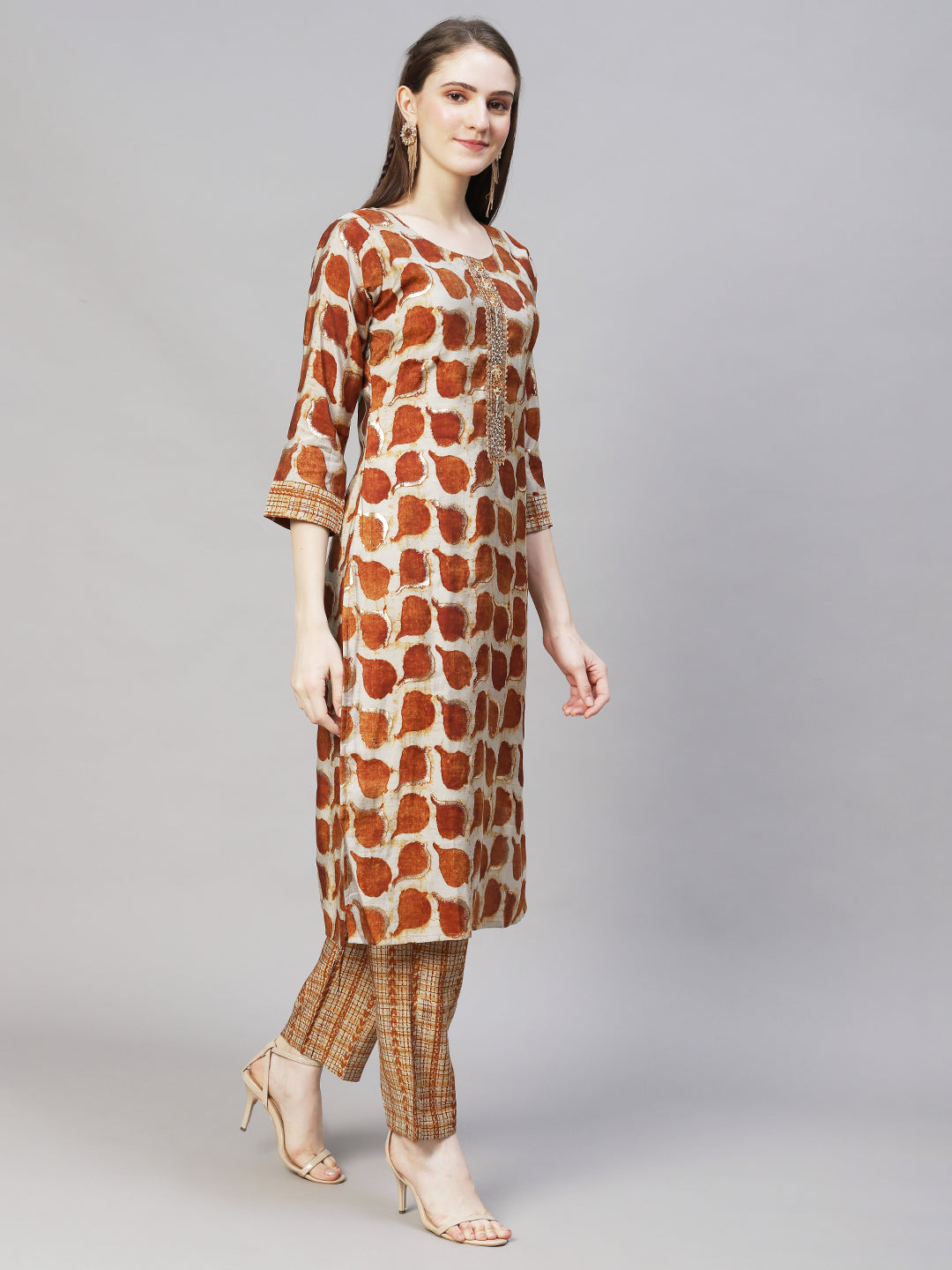 Ethnic Printed & Hand Embroidered Straight Fit Kurta with Pants - Brown