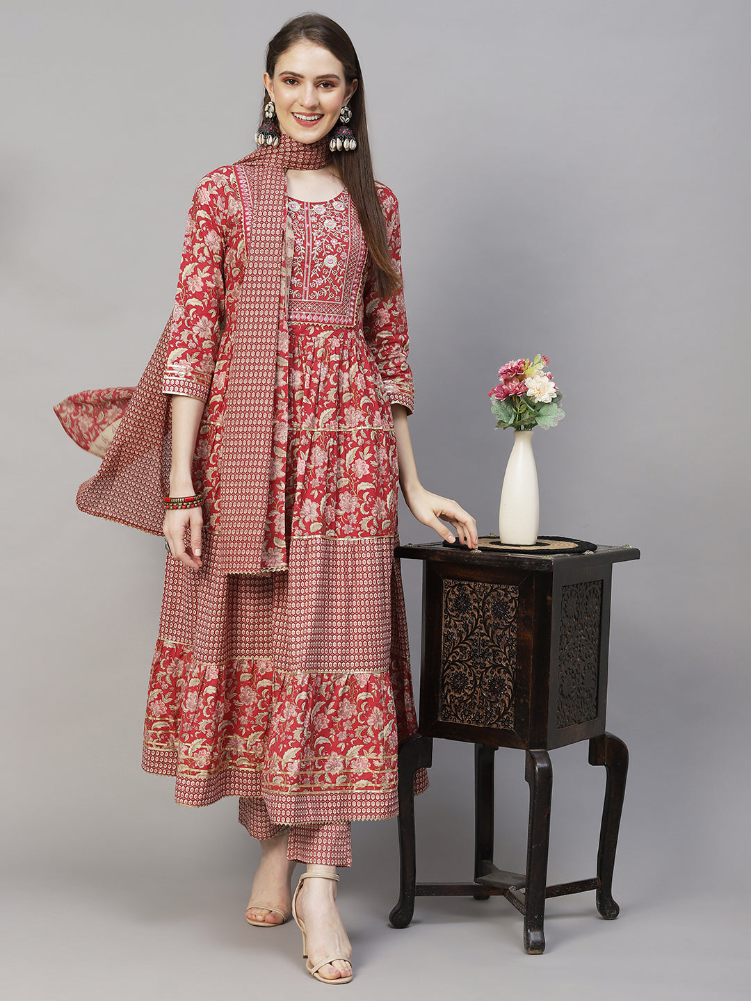 Floral Printed & Embroidered Flared Kurta with Pants & Dupatta - Light Red