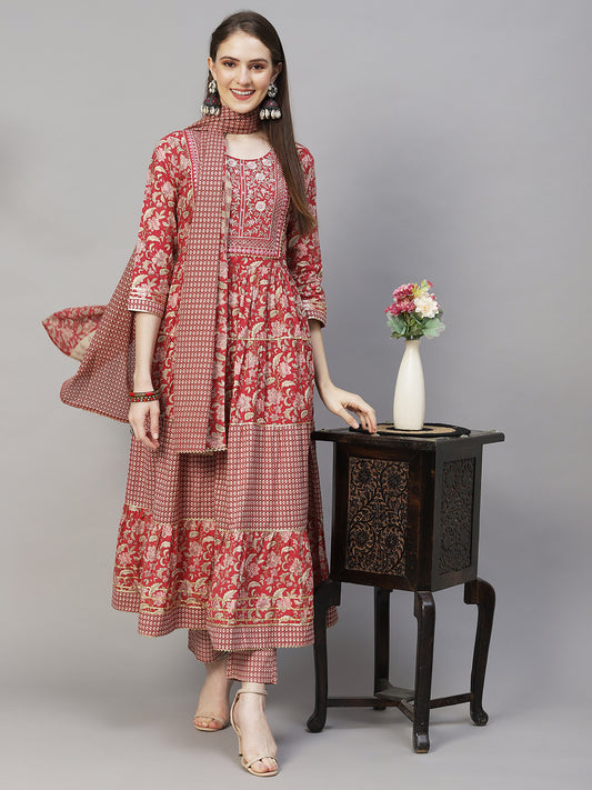 Floral Printed & Embroidered Flared Kurta with Pants & Dupatta - Light Red