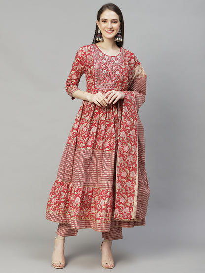 Floral Printed & Embroidered Flared Kurta with Pants & Dupatta - Light Red