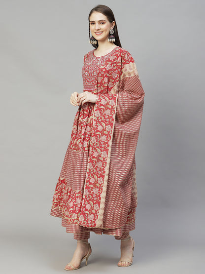 Floral Printed & Embroidered Flared Kurta with Pants & Dupatta - Light Red