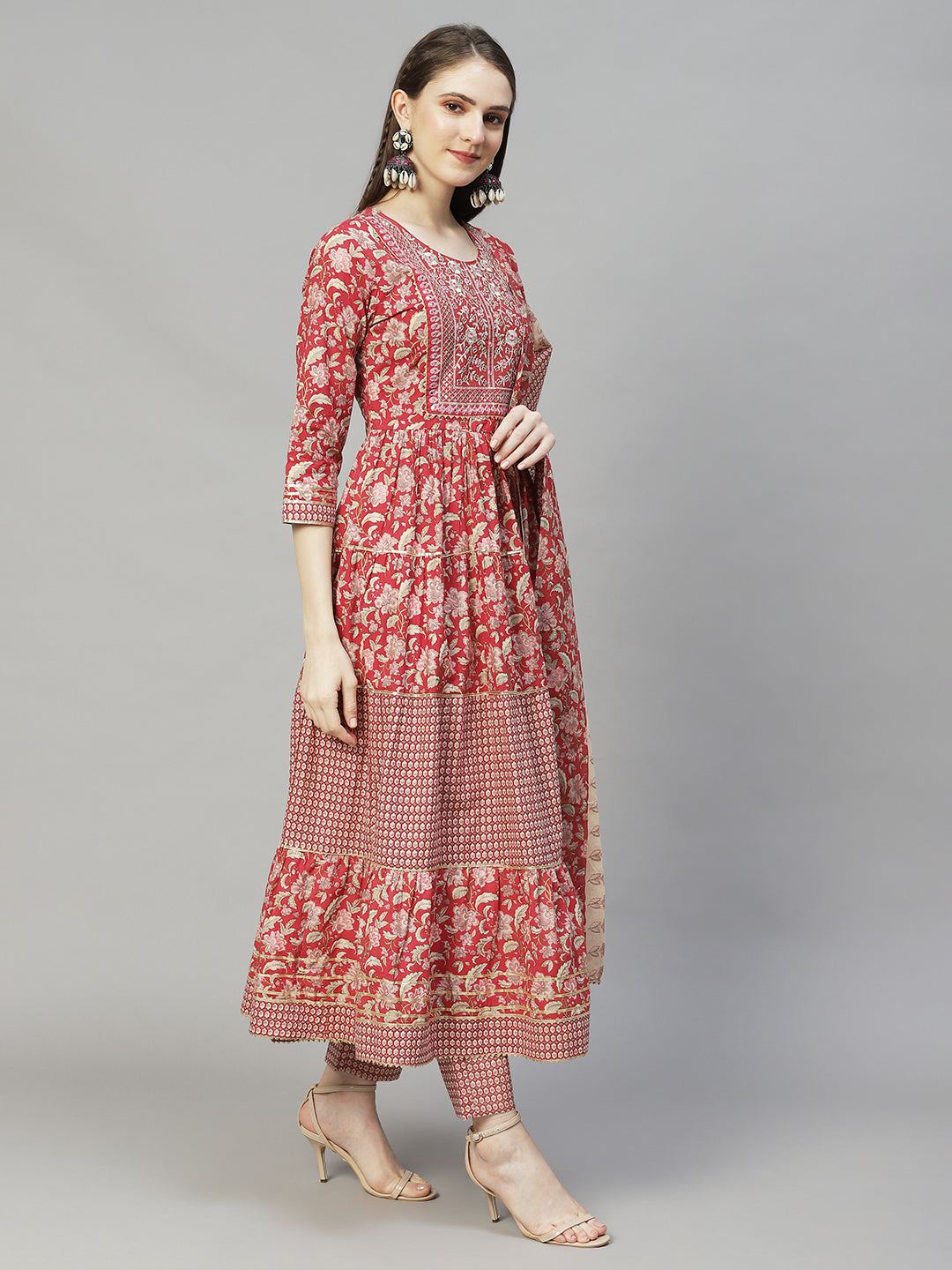 Floral Printed & Embroidered Flared Kurta with Pants & Dupatta - Light Red