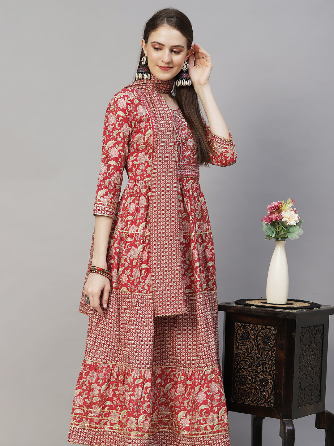 Floral Printed & Embroidered Flared Kurta with Pants & Dupatta - Light Red