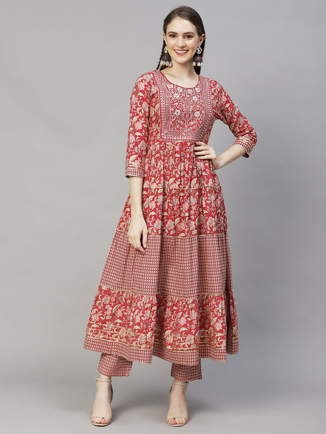 Floral Printed & Embroidered Flared Kurta with Pants & Dupatta - Light Red