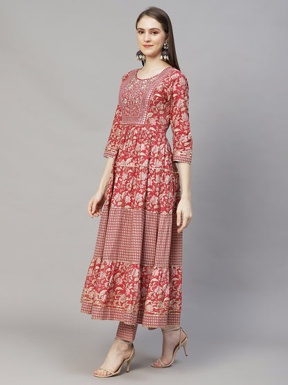 Floral Printed & Embroidered Flared Kurta with Pants & Dupatta - Light Red