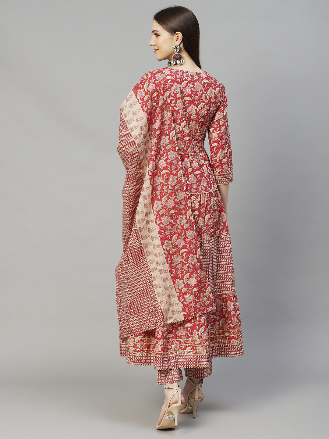 Floral Printed & Embroidered Flared Kurta with Pants & Dupatta - Light Red