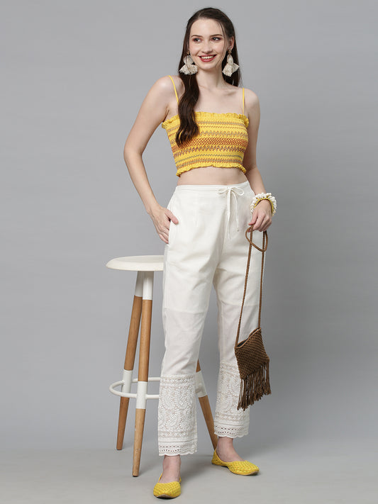 Solid Chikankari Embroidered Straight Fit Pant - Off White