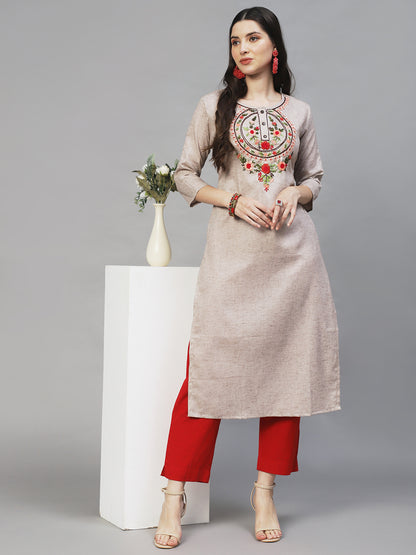 Floral Hand Embroidered Straight Fit Kurta – Beige