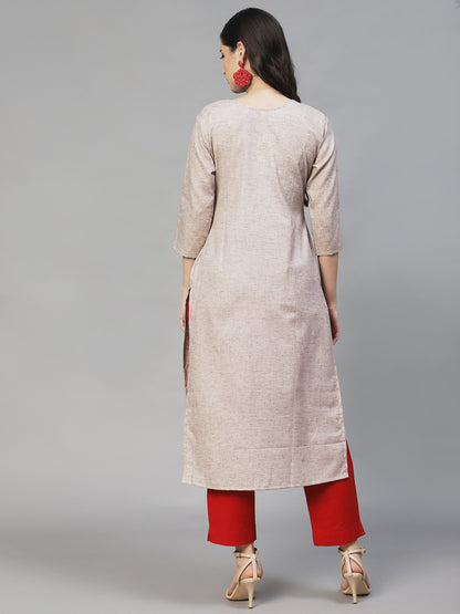 Floral Hand Embroidered Straight Fit Kurta – Beige