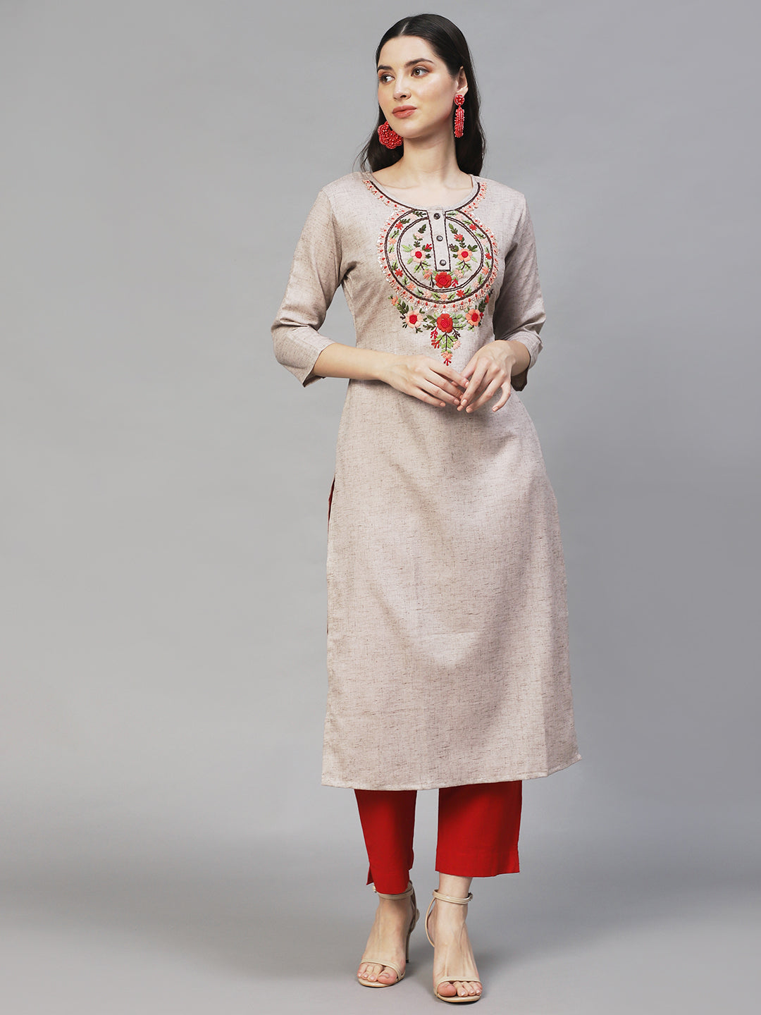 Floral Hand Embroidered Straight Fit Kurta – Beige