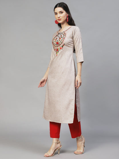 Floral Hand Embroidered Straight Fit Kurta – Beige