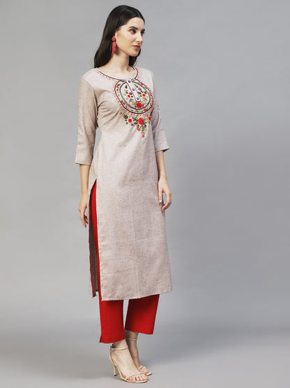 Floral Hand Embroidered Straight Fit Kurta – Beige