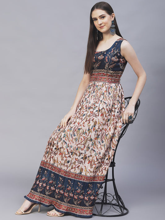 Ethnic & Floral Printed & Hand Embroidered Maxi Flared Dress & Belt - Cream