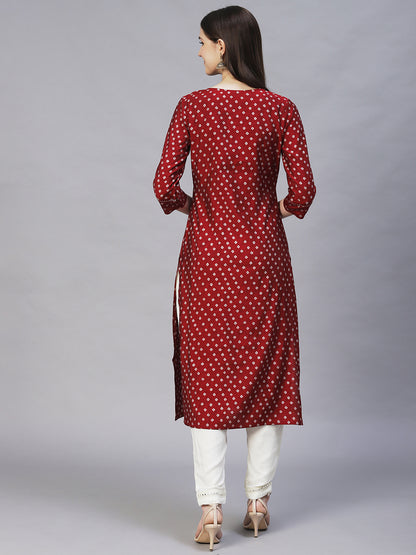 Bandhani Printed & Embroidered Straight Fit Kurta – Maroon