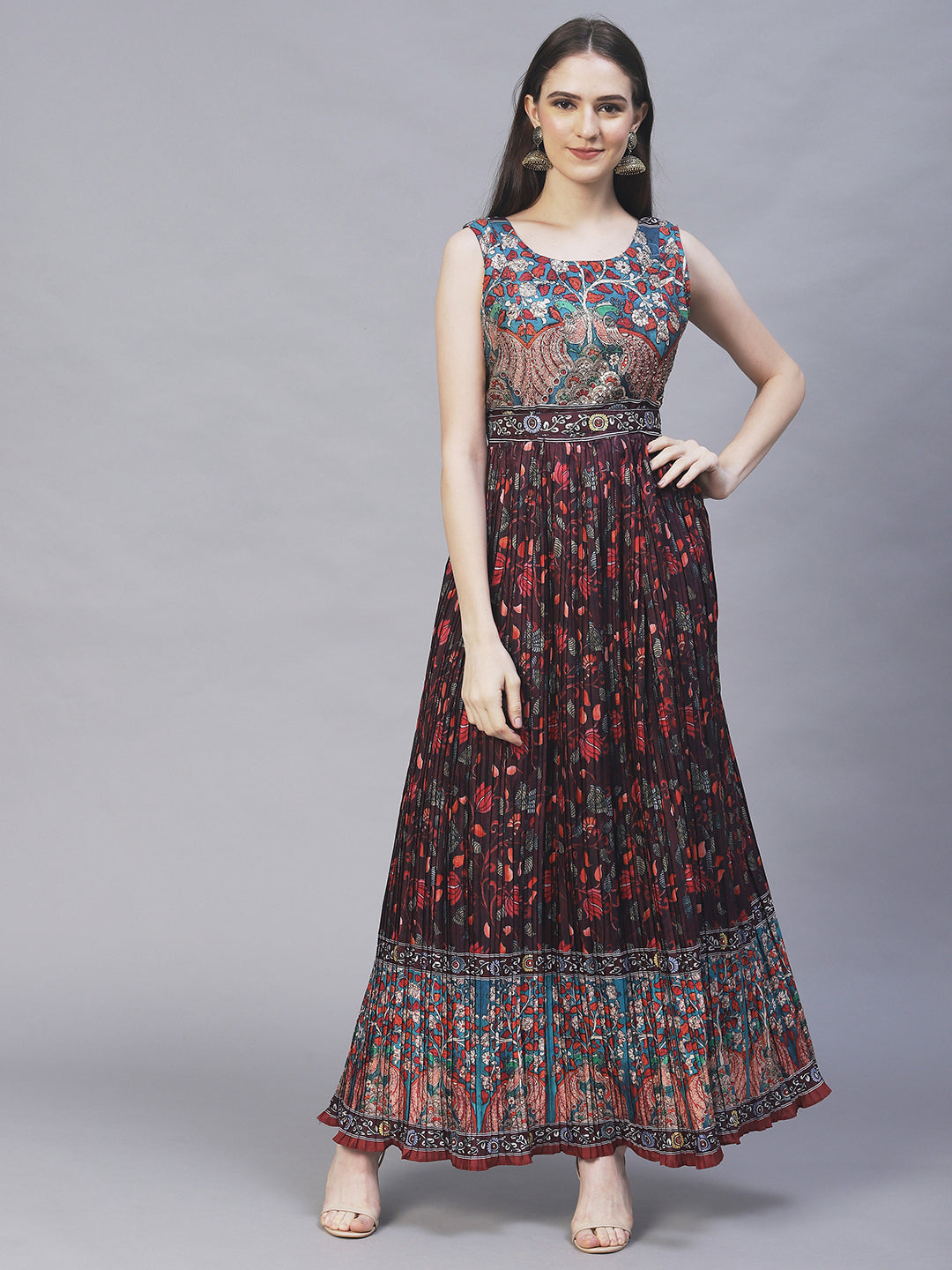 Ethnic Printed & Hand Embroidered Maxi Flared Dress & Belt - Deep Wine FASHOR Ethnic Printed & Hand Embroidered Maxi Flared Dress & Belt - Deep Wine FASHOR