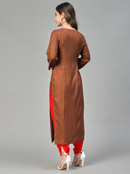 Ethnic Embroidered Straight Fit Kurta – Brown