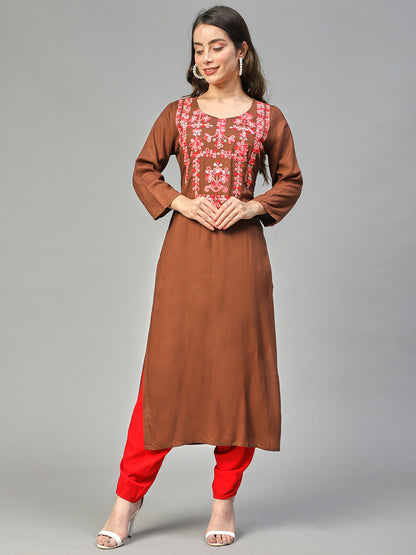 Ethnic Embroidered Straight Fit Kurta – Brown