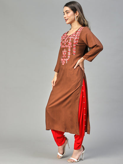 Ethnic Embroidered Straight Fit Kurta – Brown