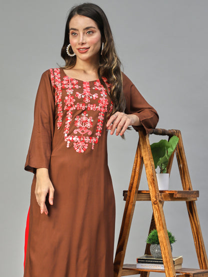 Ethnic Embroidered Straight Fit Kurta – Brown