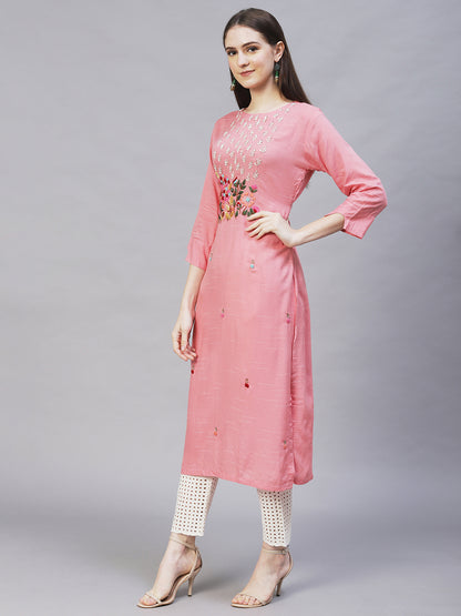 Floral Hand Embroidered Straight Fit Kurta – Pink