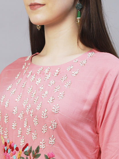 Floral Hand Embroidered Straight Fit Kurta – Pink