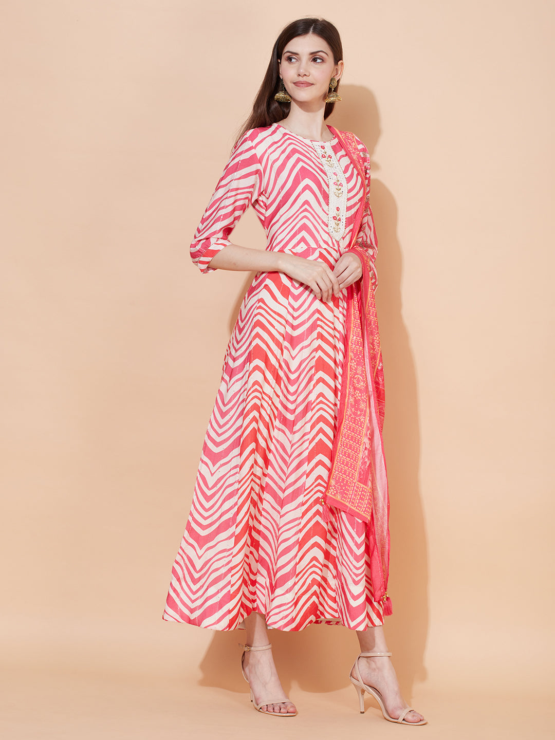 Chevron Printed & Hand Embroidered Anarkali Maxi Dress with Dupatta - Multi