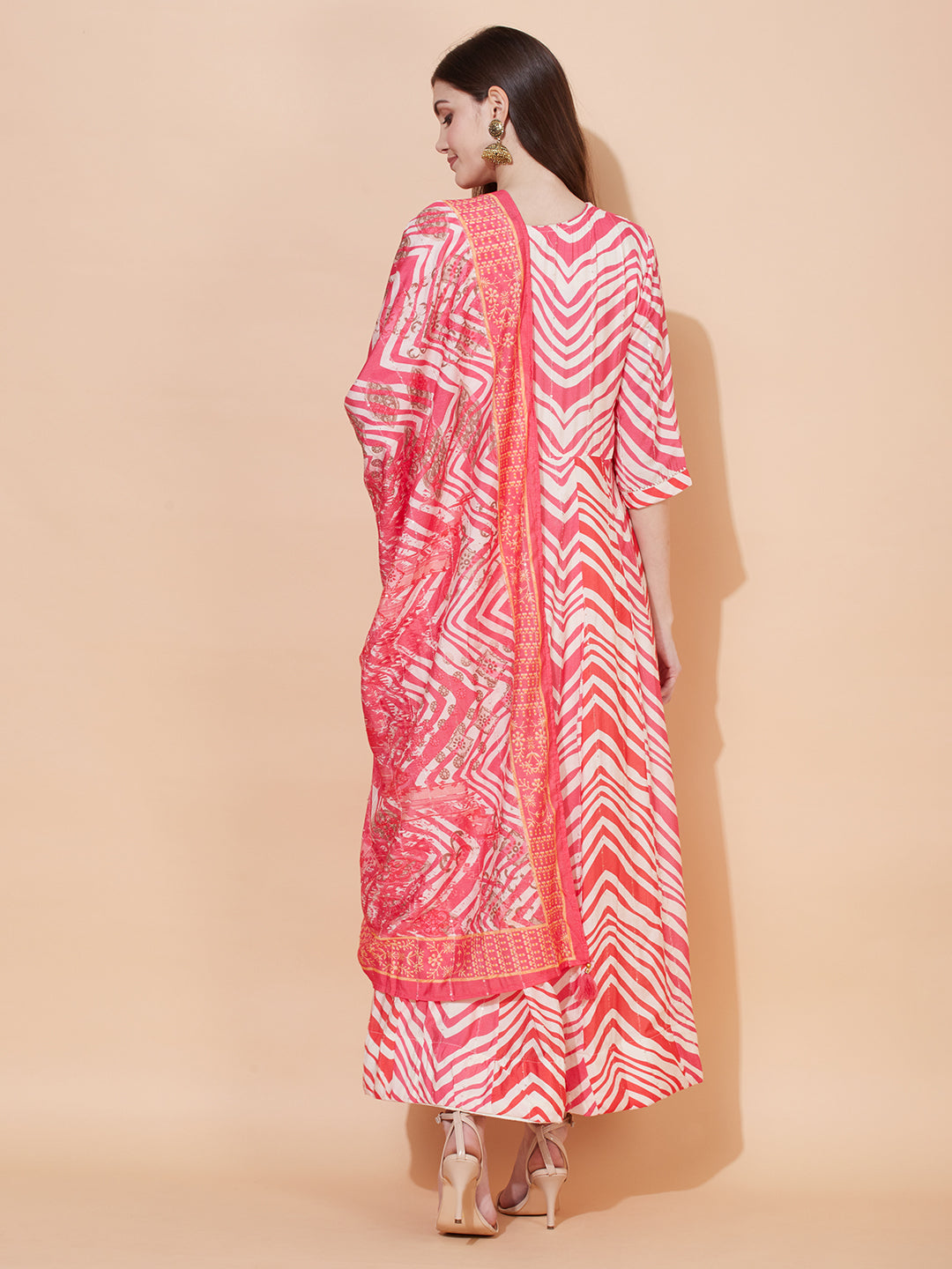 Chevron Printed & Hand Embroidered Anarkali Maxi Dress with Dupatta - Multi