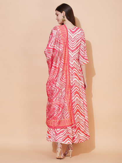 Chevron Printed & Hand Embroidered Anarkali Maxi Dress with Dupatta - Multi