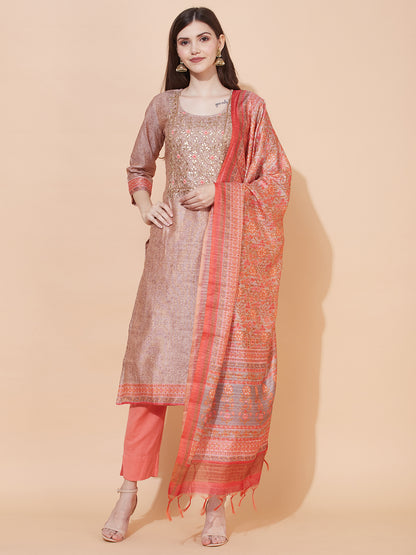 Floral Printed & Hand Embroidered Straight Fit Kurta with Dupatta - Light Brown